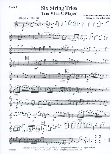 von Dittersdorf, K.D. (Latham): 6 String Trios, Trio 6 in C Major (score and parts, with optional viola for 2nd violin part)