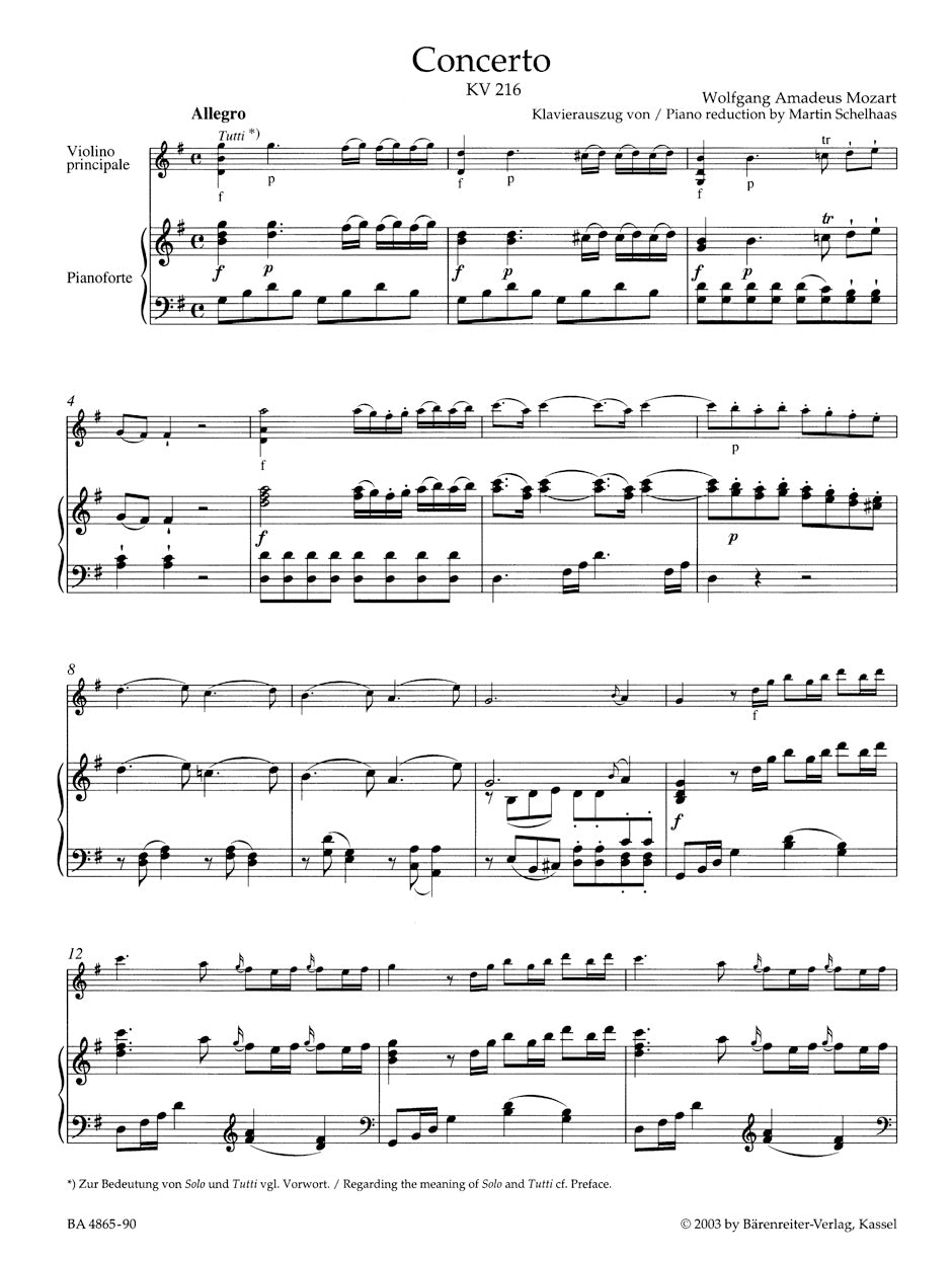 Mozart, W.A. (Wulfhorst): Concerto No. 3 in G Major, KV 216 (violin & piano) Barenreiter Urtext