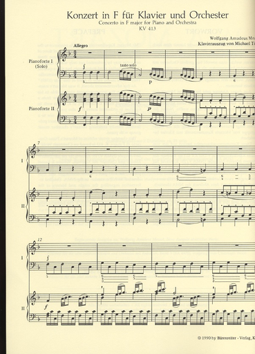 Mozart, W.A.: Piano Quintet/Concerto in F KV413 (piano, 2 violins, viola, cello) Barenreiter