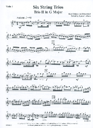 von Dittersdorf, K.D. (Latham): 6 String Trios, Trio 2 in G Major (score and parts, with optional viola for 2nd violin part)