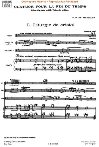 Messiaen, O.: (Score) Quartet for the End of Time (violin, clarinet, cello, and piano)