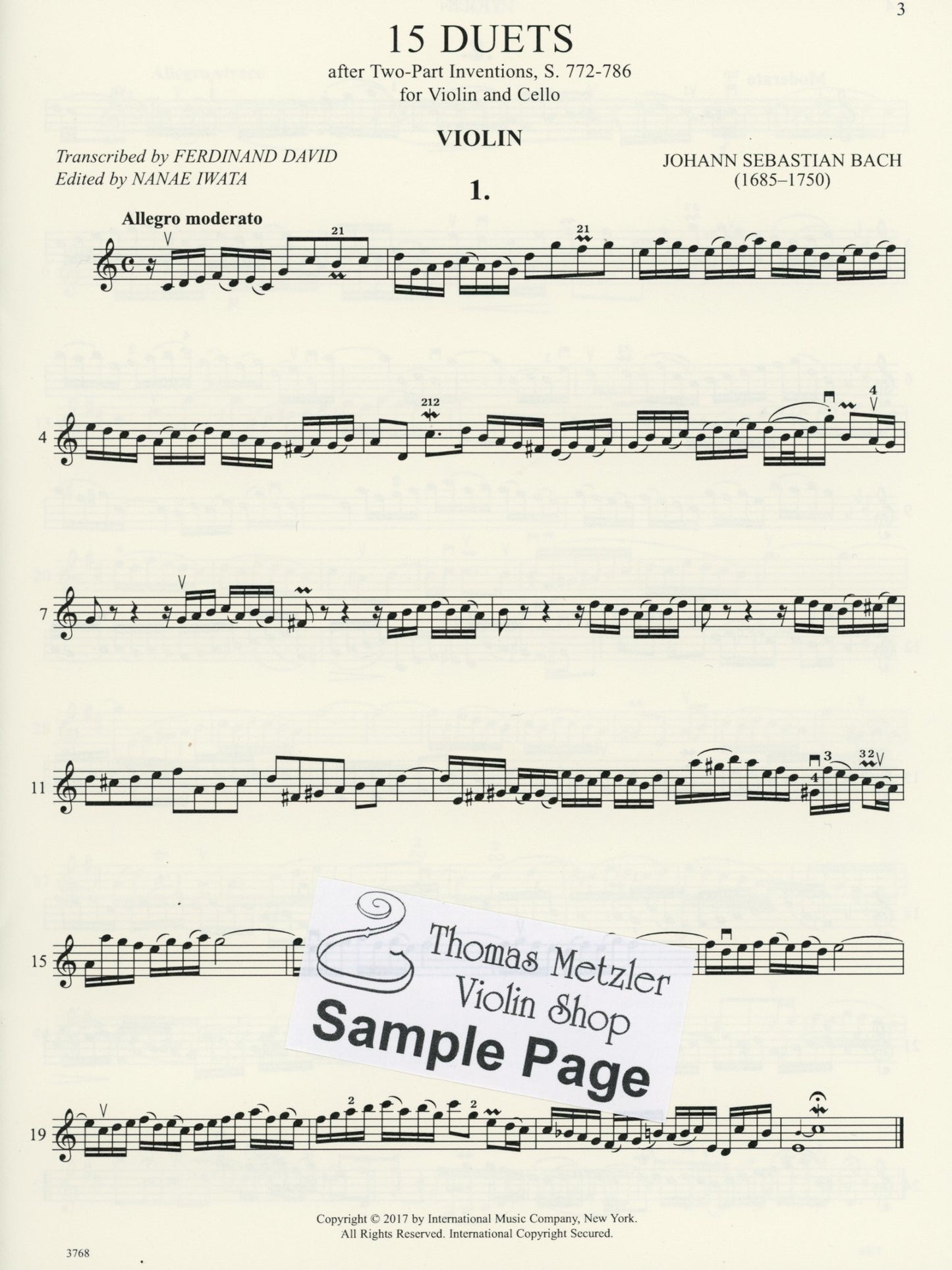 Bach, J.S. (David/Jee/Iwata): 15 Duets after Two-Part Inventions, S.772-786 - ARRANGED (violin & cello) International