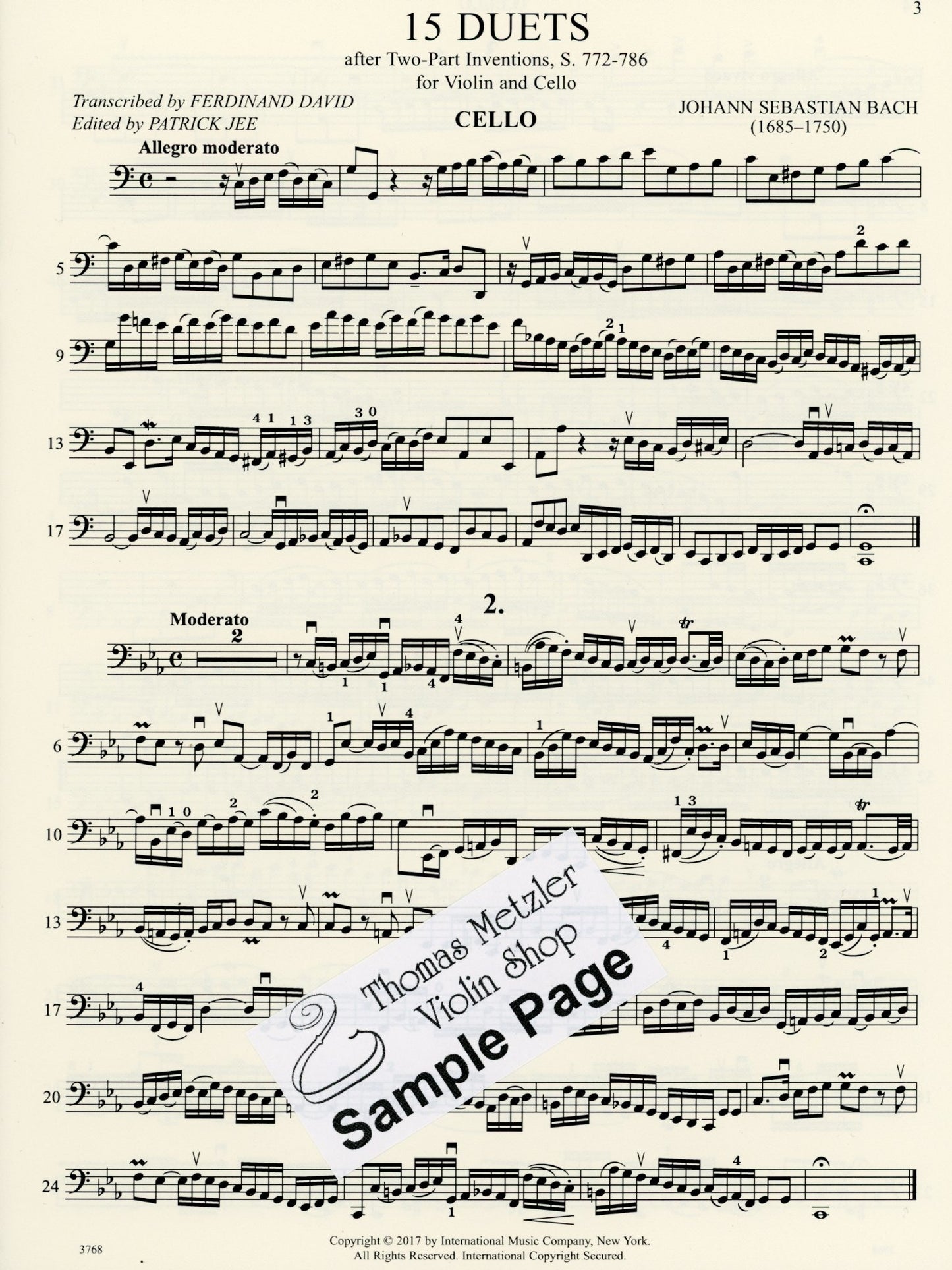 Bach, J.S. (David/Jee/Iwata): 15 Duets after Two-Part Inventions, S.772-786 - ARRANGED (violin & cello) International