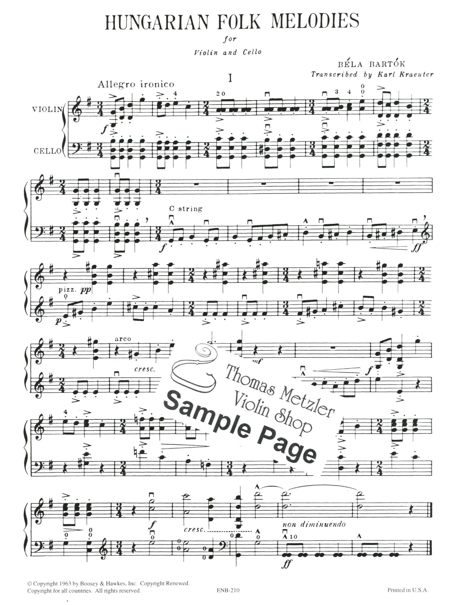 Bartok (Kraeuter): Hungarian Folk Melodies - TRANSCRIBED (violin & cello) Boosey & Hawkes