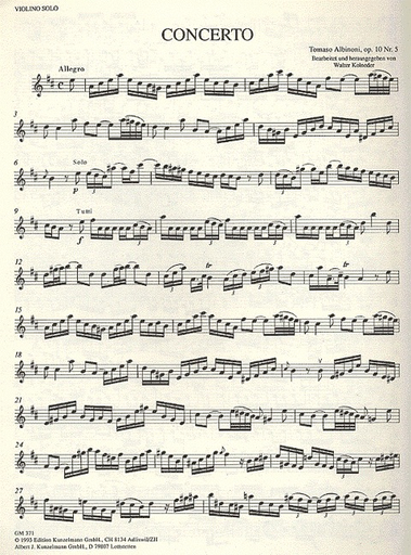 Albinoni, T.: Concerto Op10/5 in A (violin & piano)