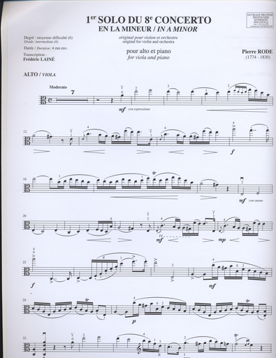 Rode, Pierre (Laine): Concerto # 8 in a minor, originally for violin, transcribed for viola and piano.