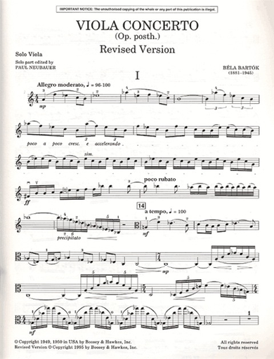 Bartok, B. (Dellamaggiore): Viola Concerto-posth. Revised (Viola & Piano)