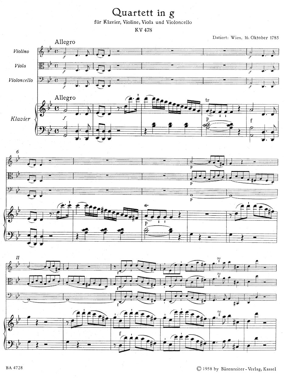 Mozart, W.A. (Federhofer): Piano Quartet in G minor, KV478 - URTEXT (piano quartet) Barenreiter