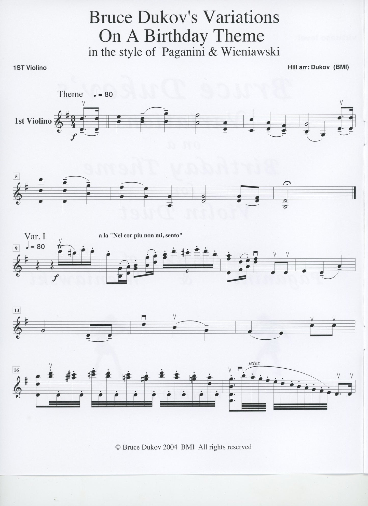 Dukov, Bruce: Variations on a Birthday Theme, violin duet,  Virtuoso level,  sheet music