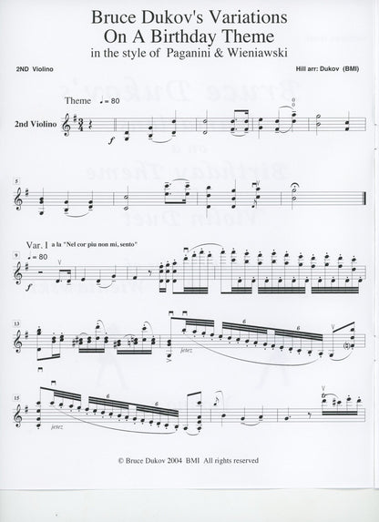 Dukov, Bruce: Variations on a Birthday Theme, violin duet,  Virtuoso level,  sheet music