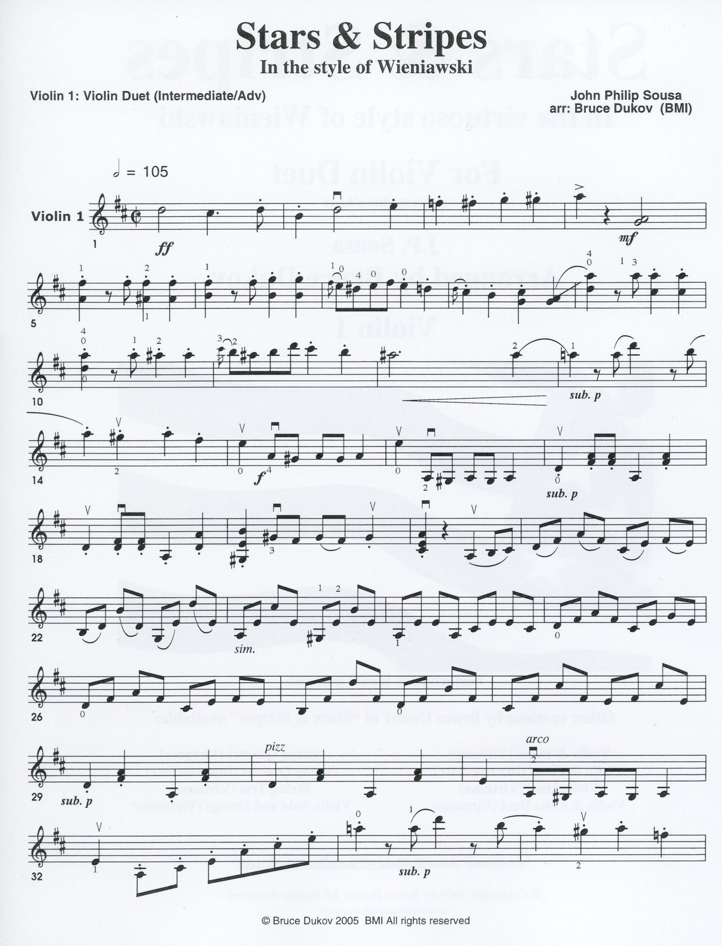 Sousa, J.P. (Bruce Dukov): Stars & Stripes Violin Duet, in the style of Wieniawski, intermediate/advanced level, parts & score, 2 violins