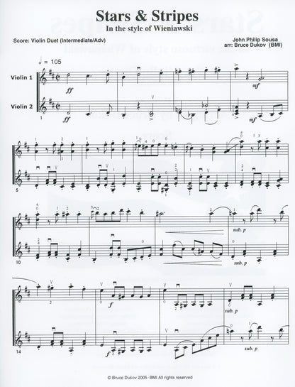 Sousa, J.P. (Bruce Dukov): Stars & Stripes Violin Duet, in the style of Wieniawski, intermediate/advanced level, parts & score, 2 violins