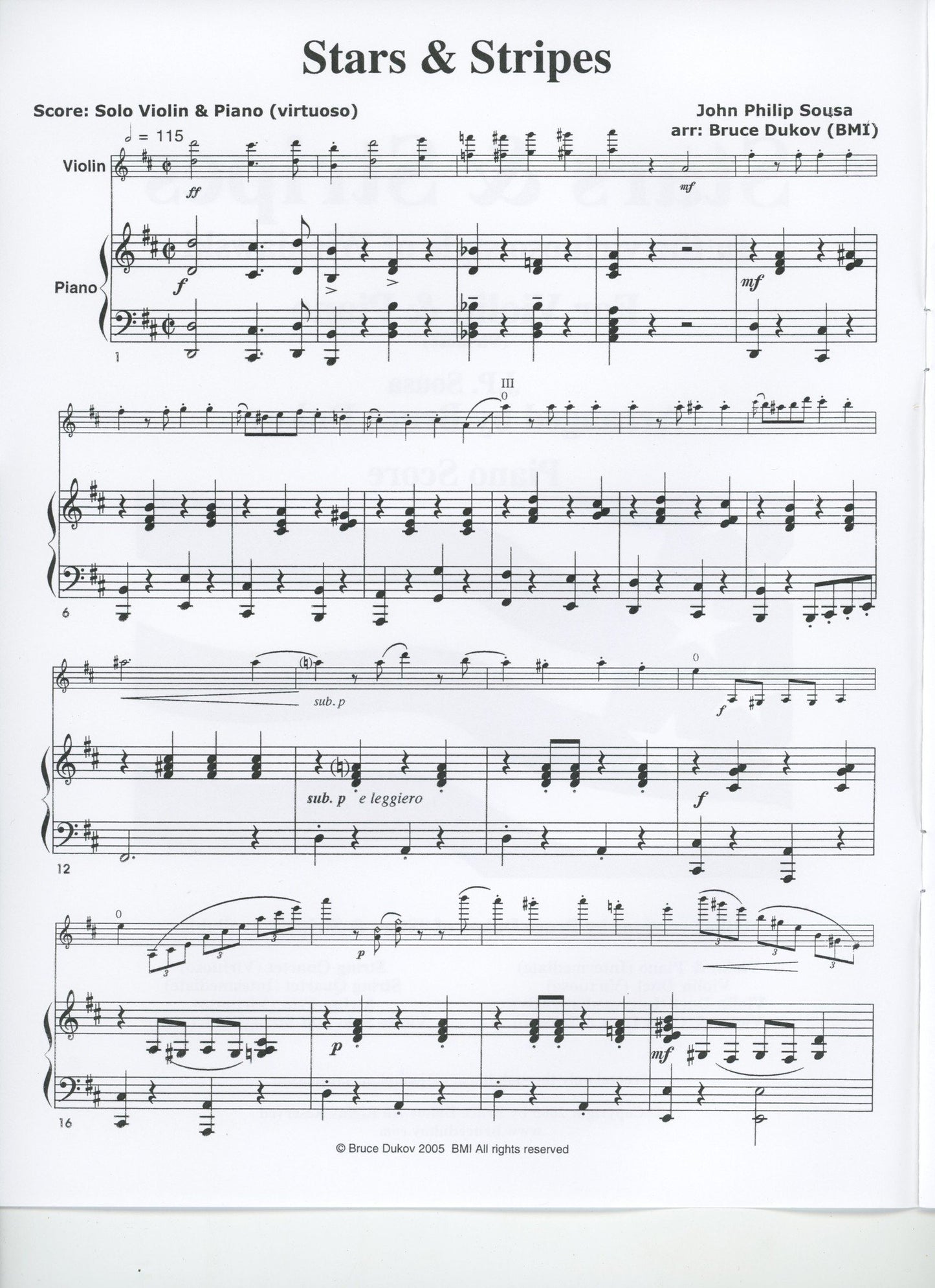 Sousa, J.P. (Bruce Dukov): Stars & Stripes Violin Solo, in the style of Wieniawski, Virtuoso level, parts & score, violin and piano